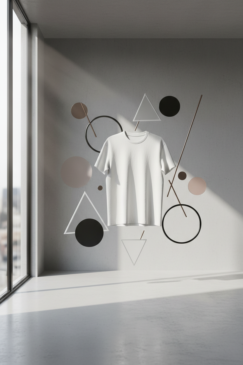 Vertical atmospheric room with window light, geometric elements, and floating t-shirt